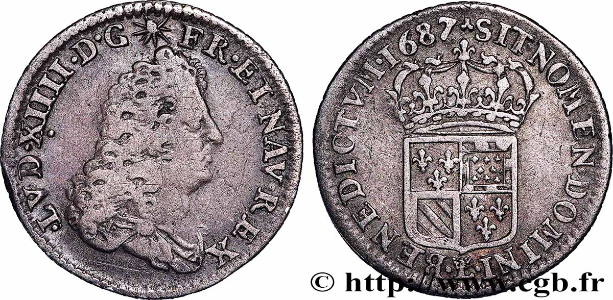 LOUIS XIV THE SUN KING Seizième d écu de Flandre 1687 Lille fSS/fVZ