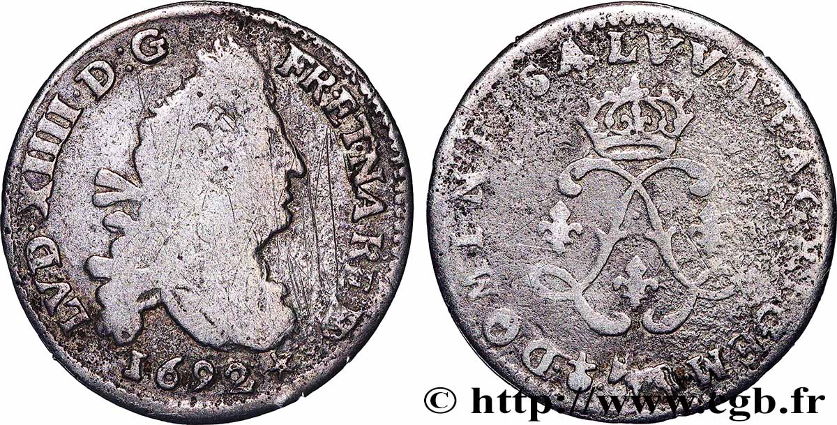 LOUIS XIV THE SUN KING Quatre sols aux deux L couronnées de Béarn 1692 Pau SGE