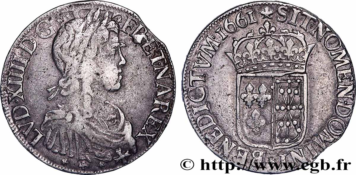 LOUIS XIV THE SUN KING Écu de Navarre, portrait à la mèche longue 1661 Saint-Palais fSS/SS
