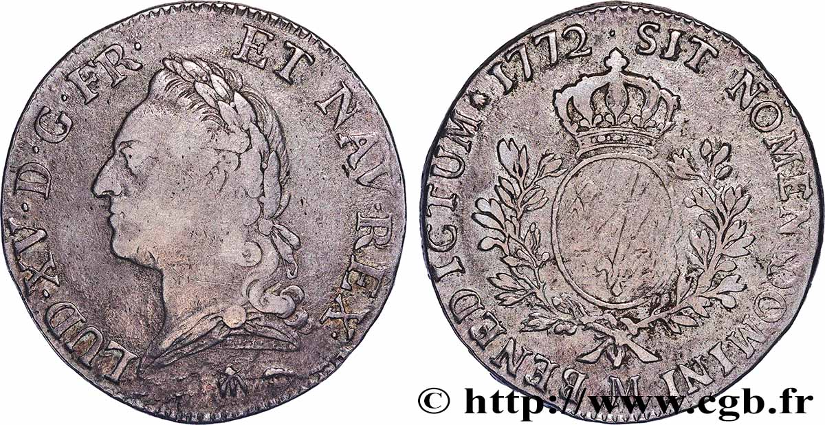 LOUIS XV THE WELL-BELOVED Écu aux branches d’olivier, buste lauré 1772 Toulouse S/fSS