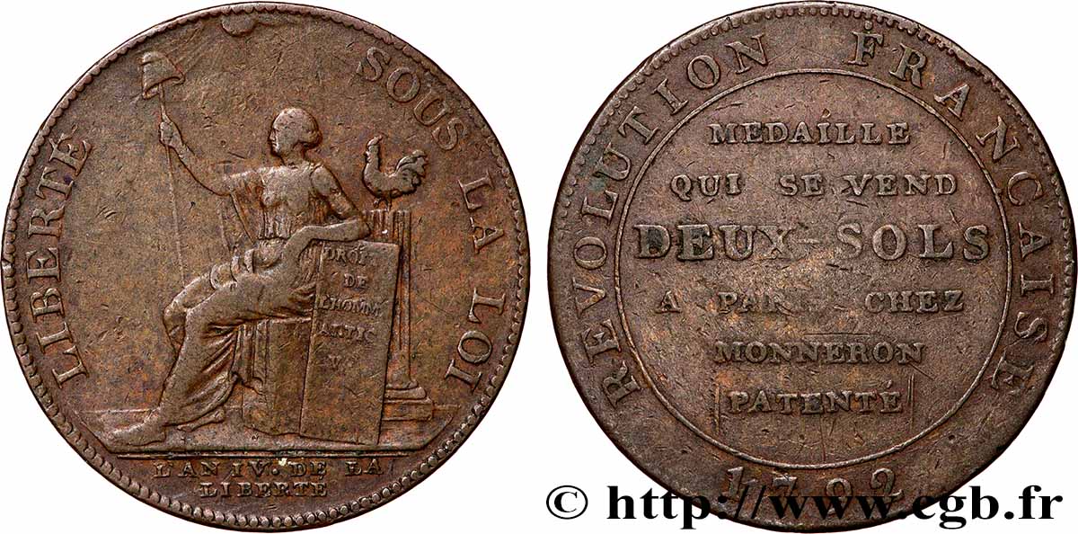 REVOLUTION COINAGE Monneron de 2 sols à la Liberté 1792 Birmingham, Soho VF
