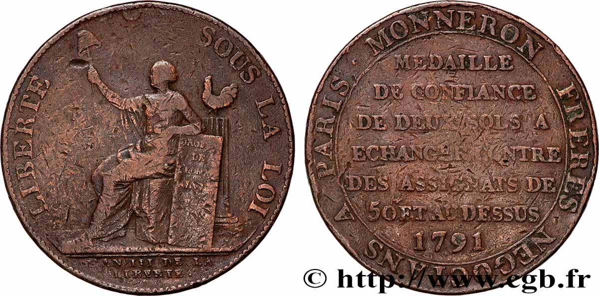 REVOLUTION COINAGE Monneron de 2 sols à la Liberté 1791 Birmingham, Soho S