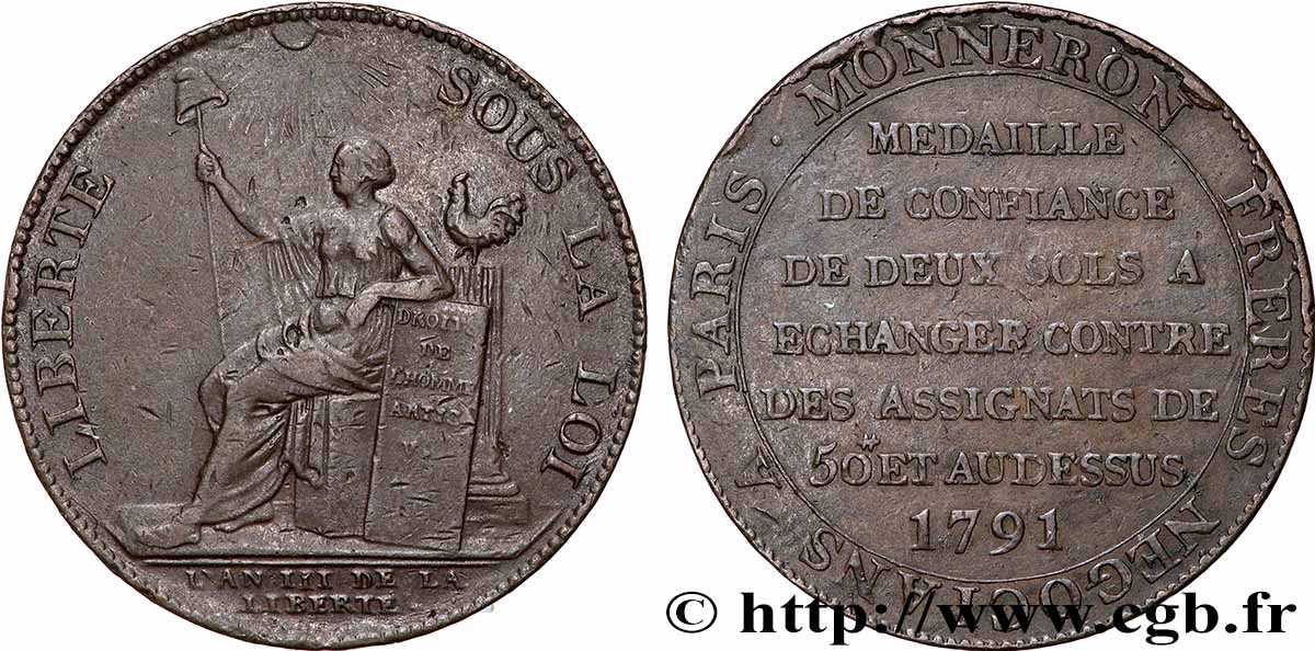REVOLUTION COINAGE Monneron de 2 sols à la Liberté 1791 Birmingham, Soho q.BB