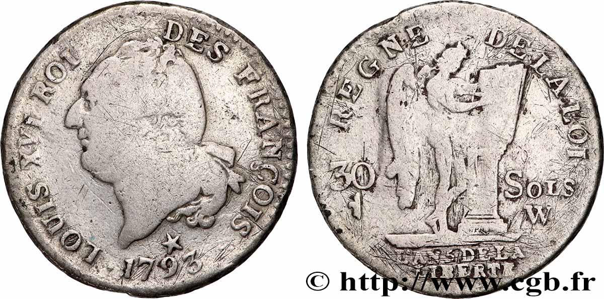 LOUIS XVI 30 sols dit au génie , type FRANÇOIS 1793 Lille S