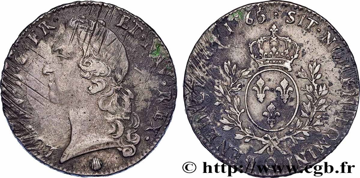 LOUIS XV DIT LE BIEN AIMÉ Écu aux branches d’olivier, tête ceinte d’un bandeau 1765 Perpignan B+/TB+