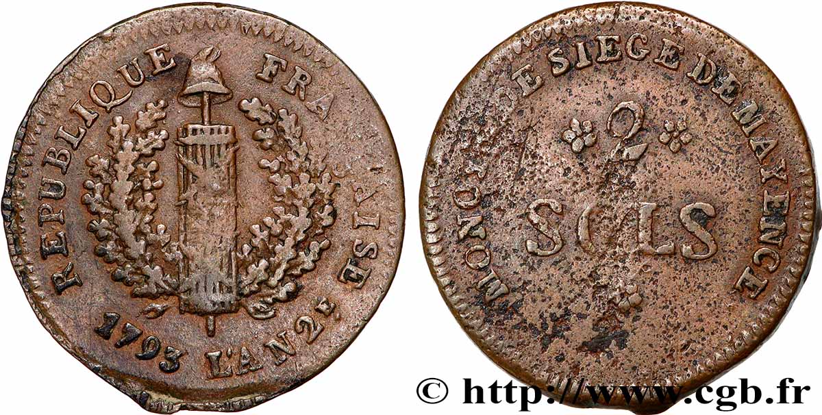 SIEGE OF MAINZ 2 sols siège de Mayence 1793 Mayence SS/fSS