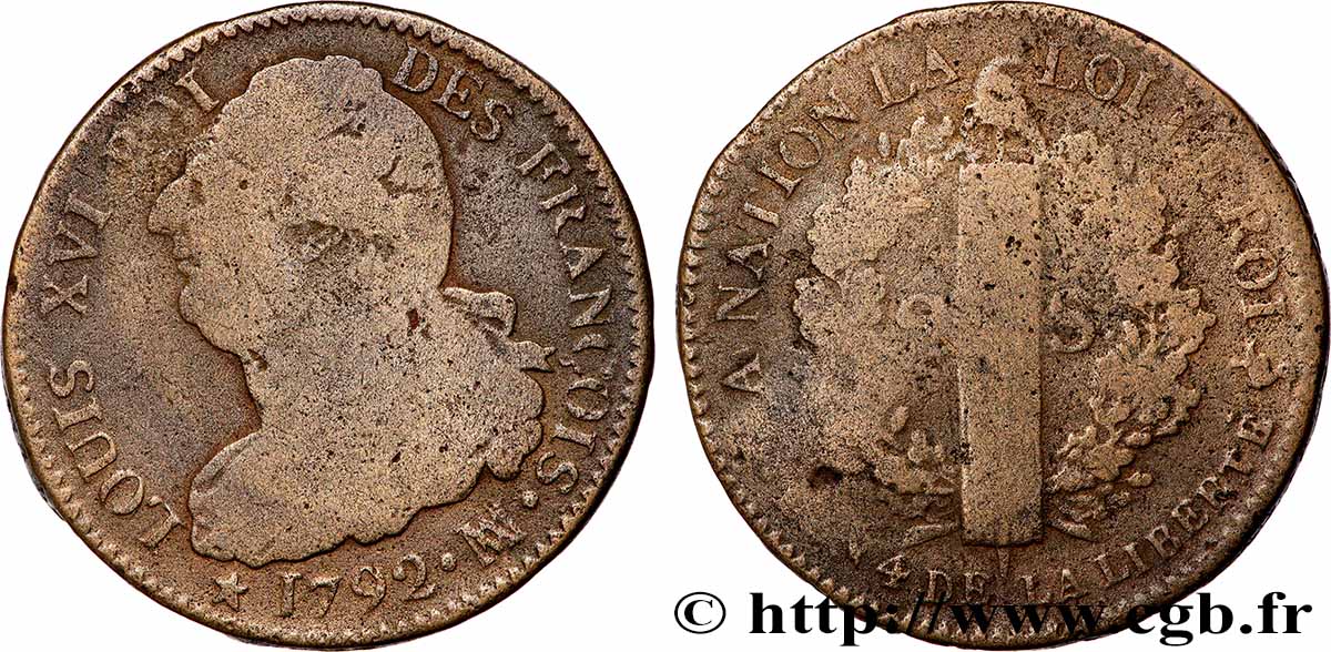 LOUIS XVI 2 sols dit au faisceau , type FRANÇOIS 1792 Marseille S