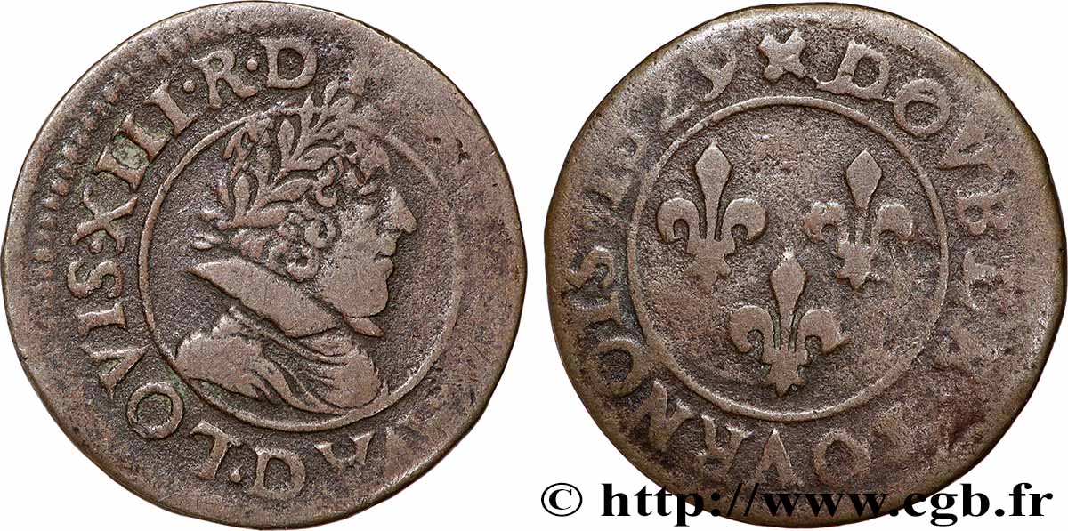 LOUIS XIII LE JUSTE Double tournois, type 6 de Lyon 1629 Lyon TTB/TB+