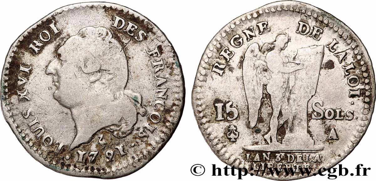 LOUIS XVI 15 sols dit au génie , type FRANÇOIS 1791 Paris S