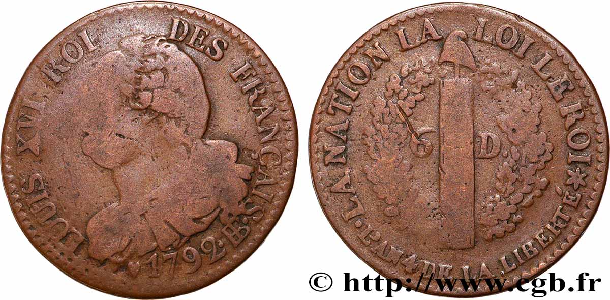 LOUIS XVI 6 deniers dit au faisceau , type FRANÇAIS 1792 Strasbourg VF