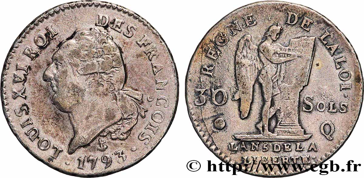 LA CONVENTION 30 sols dit au génie , type FRANÇOIS 1793 Perpignan TTB