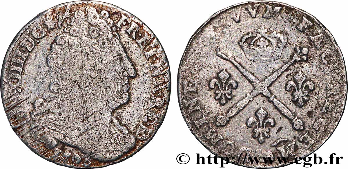 LOUIS XIV THE SUN KING 20 sols aux insignes 1708 Pau VF