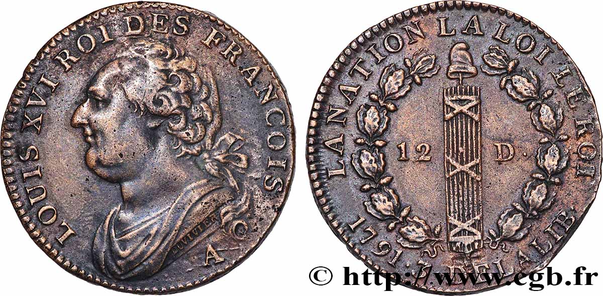 LOUIS XVI 12 deniers dit au faisceau , type FRANCOIS 1791 Paris, Monnaie du Louvre EBC