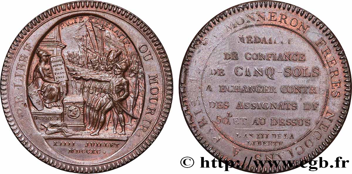 CONFIANCE (MONNAIES DE...) Monneron de 5 sols au serment (An III) 1791 SUP