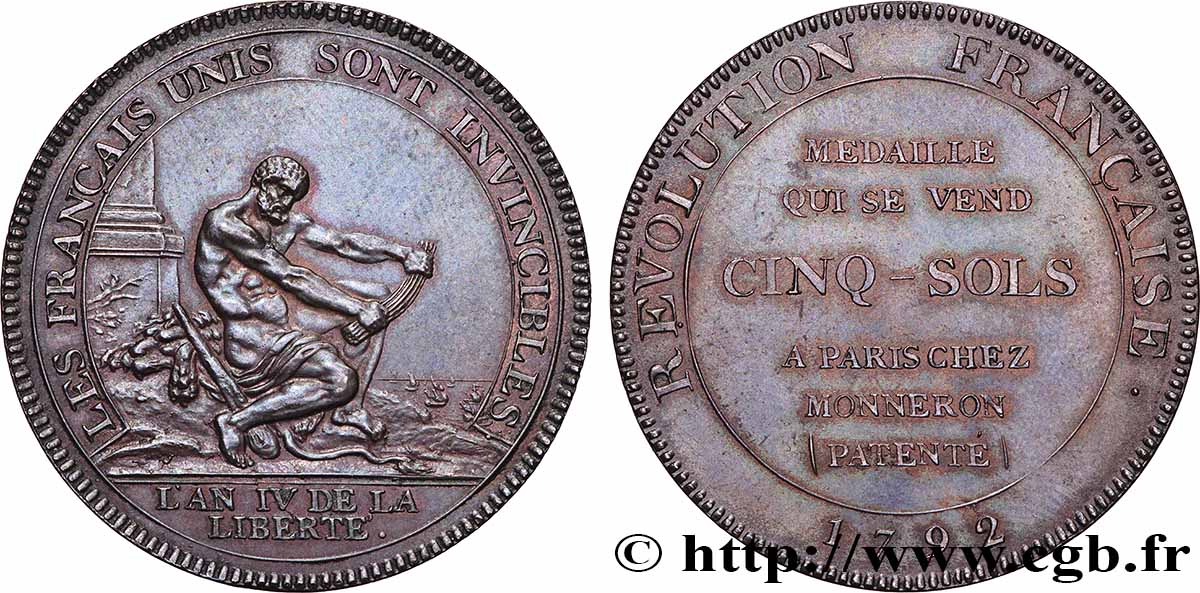 CONFIANCE (MONNAIES DE...) Monneron de 5 sols à l Hercule 1792 SUP