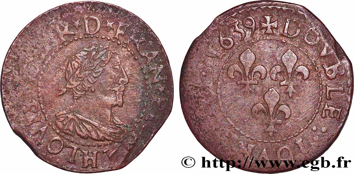 LOUIS XIII Double tournois, type 14 1639 La Rochelle VF