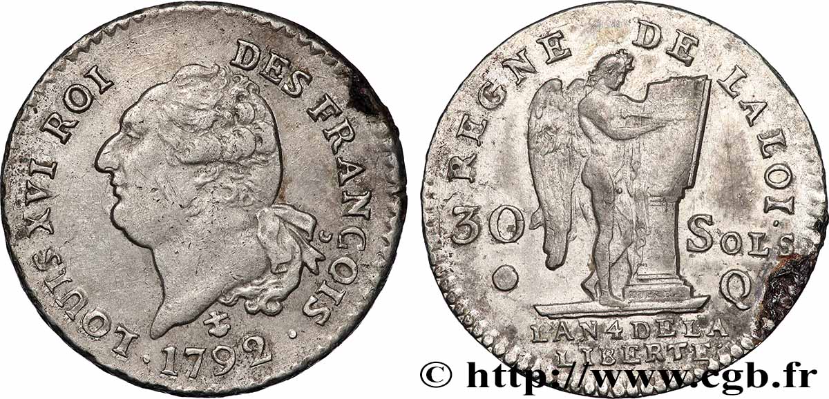 LOUIS XVI (MONARQUE CONSTITUTIONNEL) 30 sols au génie 1792 Perpignan TTB