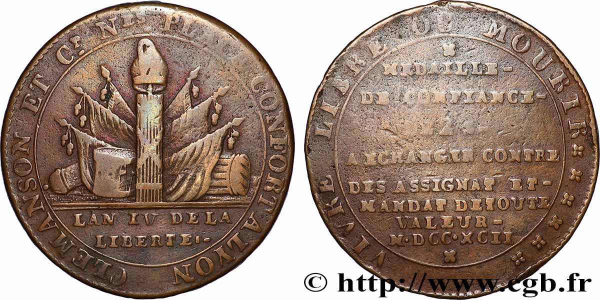 CONFIANCE (MONNAIES DE...) 2 sols de Clémanson au faisceau 1792 Lyon TB+/TB