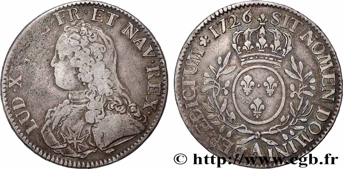 LOUIS XV THE WELL-BELOVED Écu aux branches d’olivier, buste habillé 1726 Paris BB