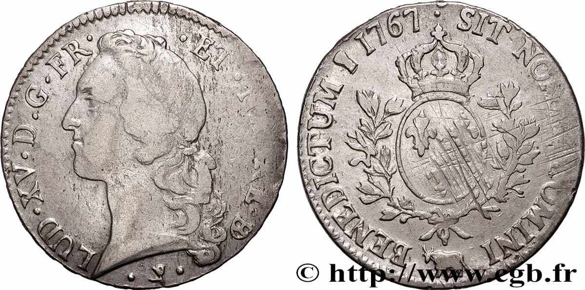 LOUIS XV THE WELL-BELOVED Écu aux branches d’olivier, tête ceinte d’un bandeau 1767 Pau VF