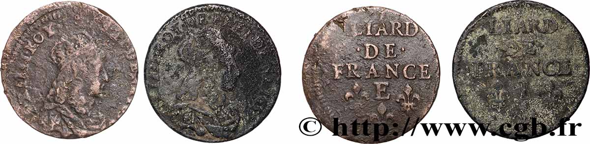LOUIS XIV THE SUN KING Liard de cuivre “à la tête couronnée”, lot de 2 ex. n.d. Ateliers divers lot