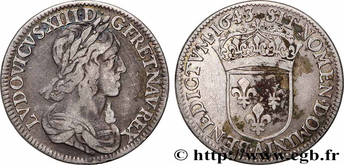 LOUIS XIII Quart d écu, buste drapé et cuirassé (2e buste de Jean Warin) 1643 Paris, Monnaie du Louvre q.BB