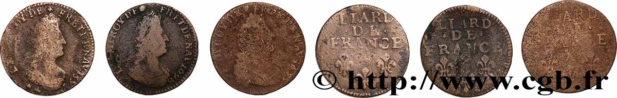 LOUIS XIV THE SUN KING Liard, 3e type, buste âgé, lot de 3 ex. s.m. Ateliers divers lot