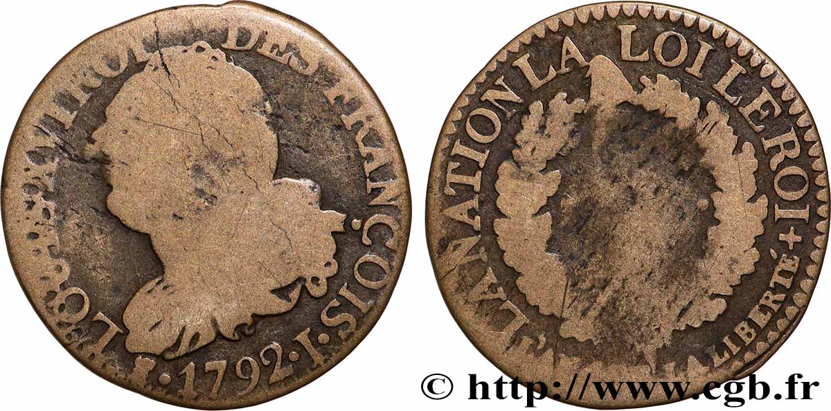 LOUIS XVI 3 deniers dit au faisceau , type FRANÇOIS 1792 Limoges F