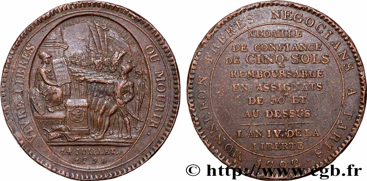 REVOLUTION COINAGE Monneron de 5 sols au serment 1792 fVZ/SS
