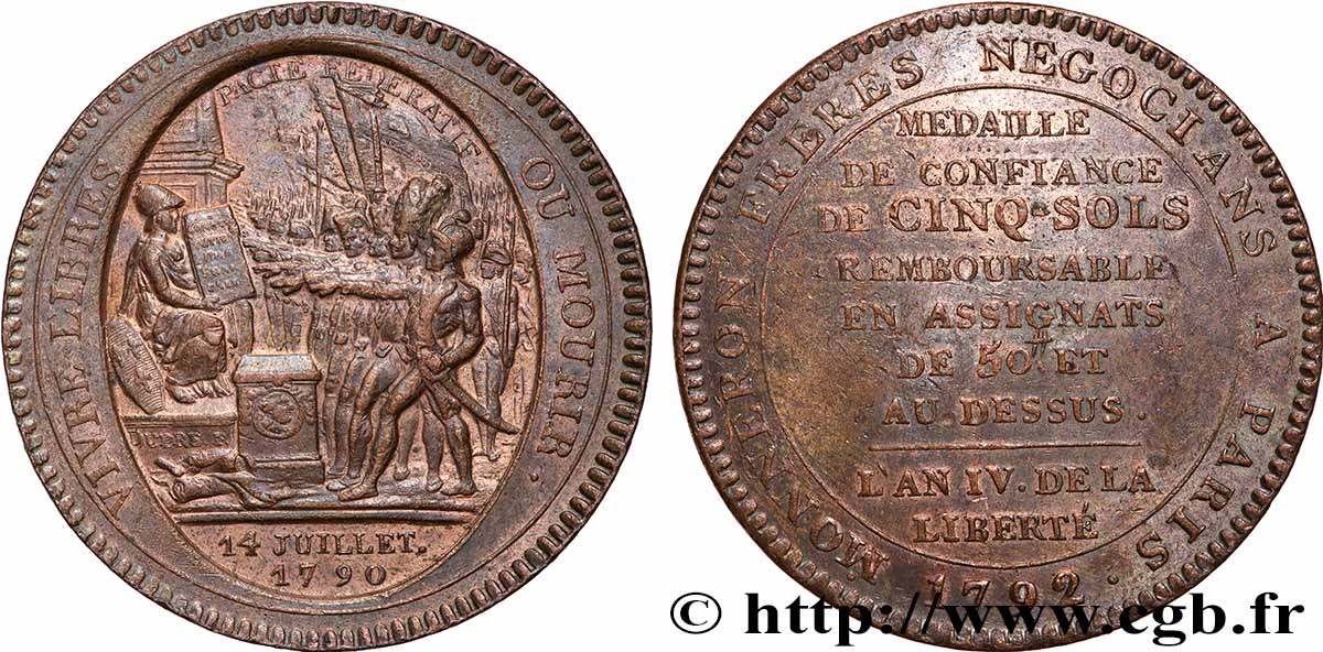 REVOLUTION COINAGE Monneron de 5 sols au serment 1792 VZ