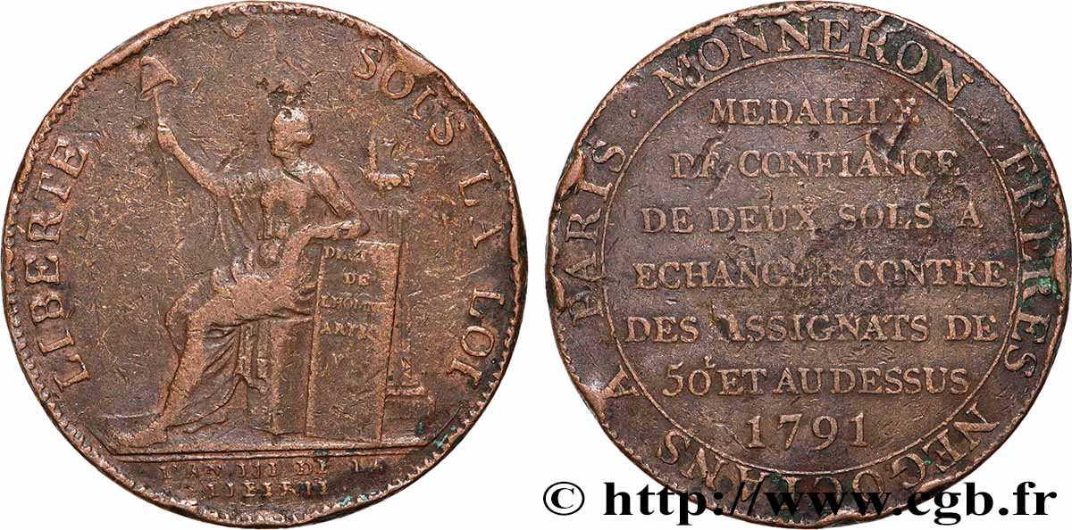 REVOLUTION COINAGE Monneron de 2 sols à la Liberté 1791 Birmingham, Soho S