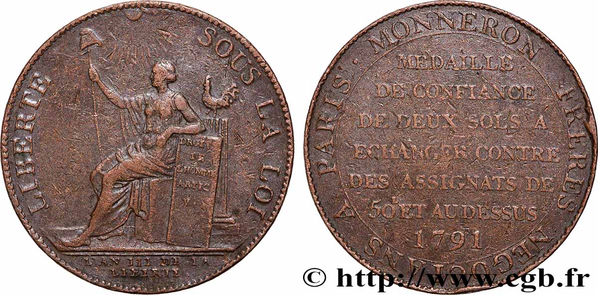 REVOLUTION COINAGE Monneron de 2 sols à la Liberté 1791 Birmingham, Soho fSS