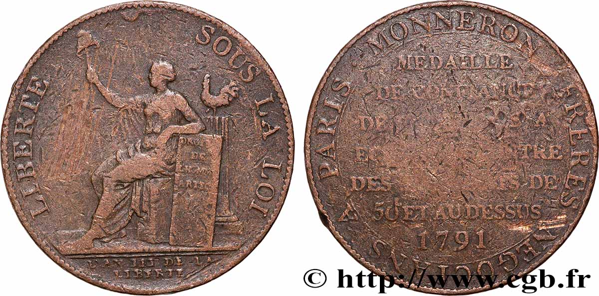 REVOLUTION COINAGE Monneron de 2 sols à la Liberté 1791 Birmingham, Soho VF
