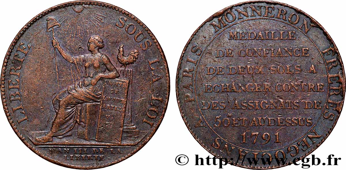 REVOLUTION COINAGE Monneron de 2 sols à la Liberté 1791 Birmingham, Soho SS
