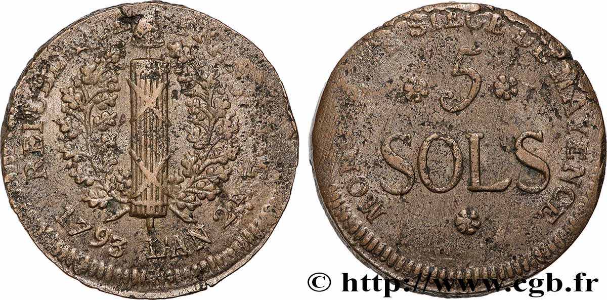 SIEGE OF MAINZ 5 sols 1793 Mayence SS