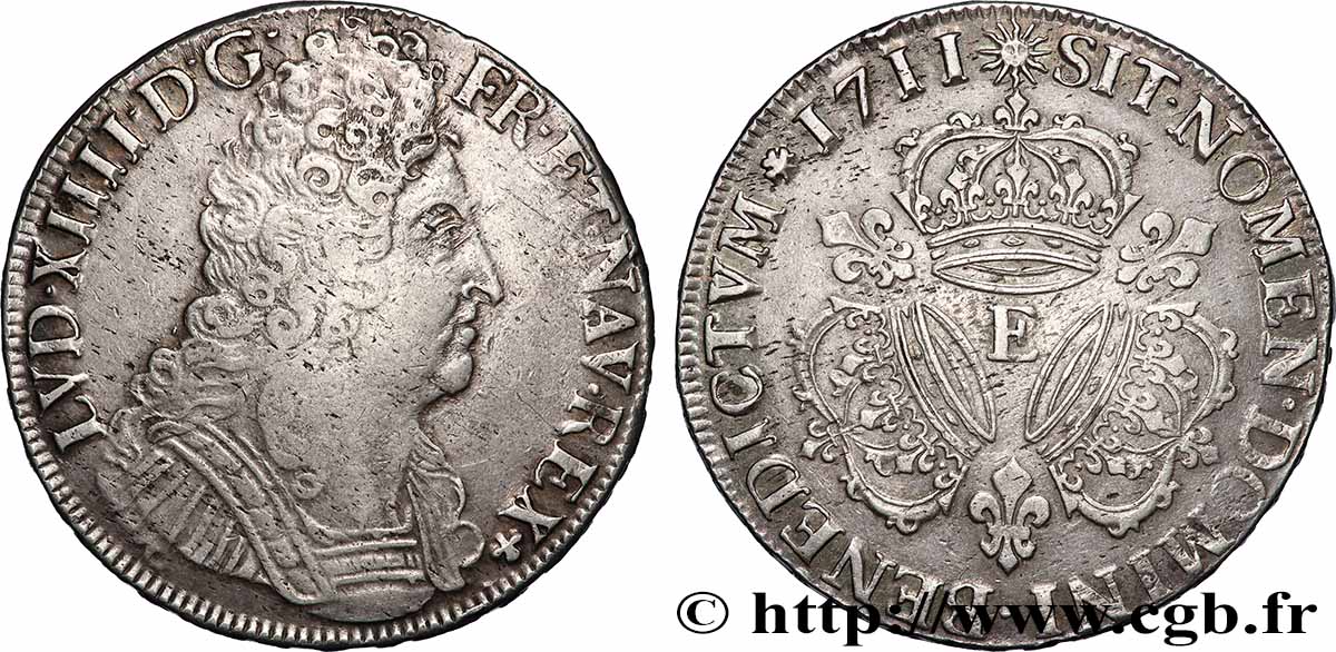 LOUIS XIV THE SUN KING Écu aux trois couronnes 1711 Tours SS/fVZ