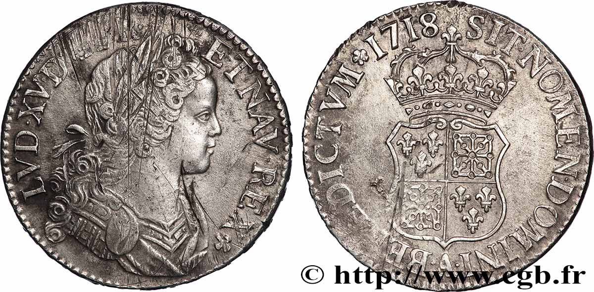 LOUIS XV THE BELOVED Écu dit de France-Navarre 1718 Paris XF