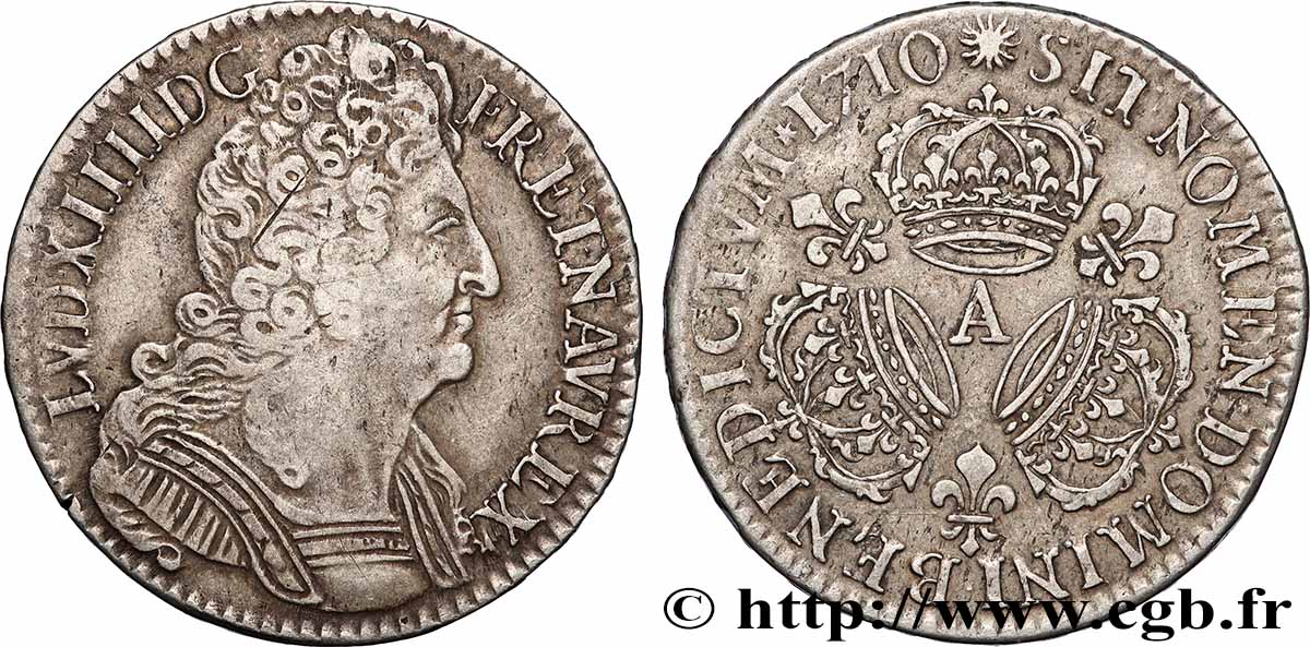 LOUIS XIV THE SUN KING Demi-écu aux trois couronnes 1710 Paris MBC