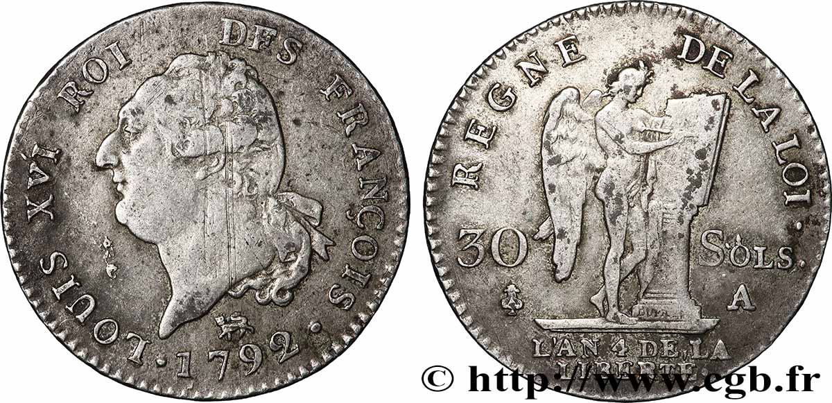 LOUIS XVI 30 sols dit au génie , type FRANÇOIS 1792 Paris BB