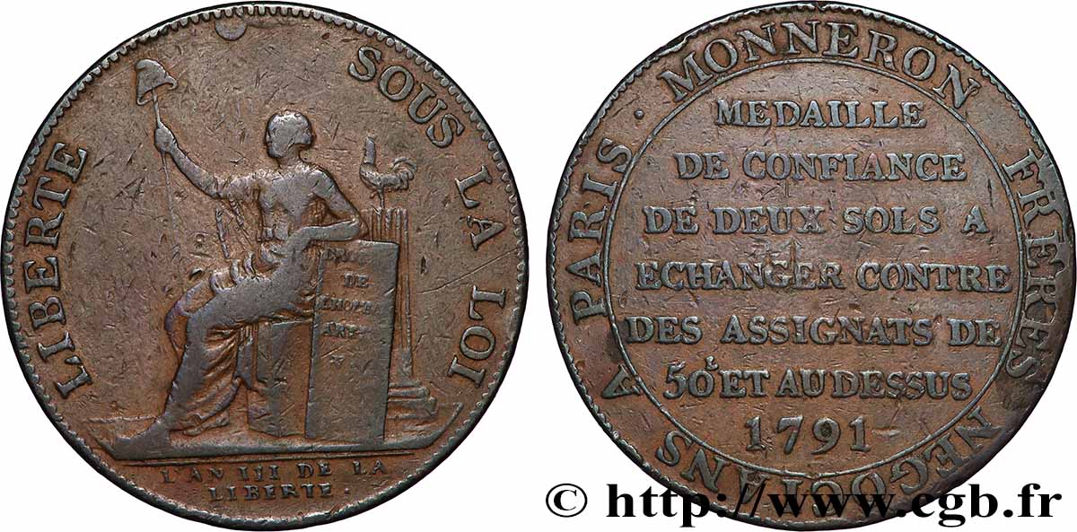 REVOLUTION COINAGE Monneron de 2 sols à la Liberté 1791 Birmingham, Soho fSS/SS