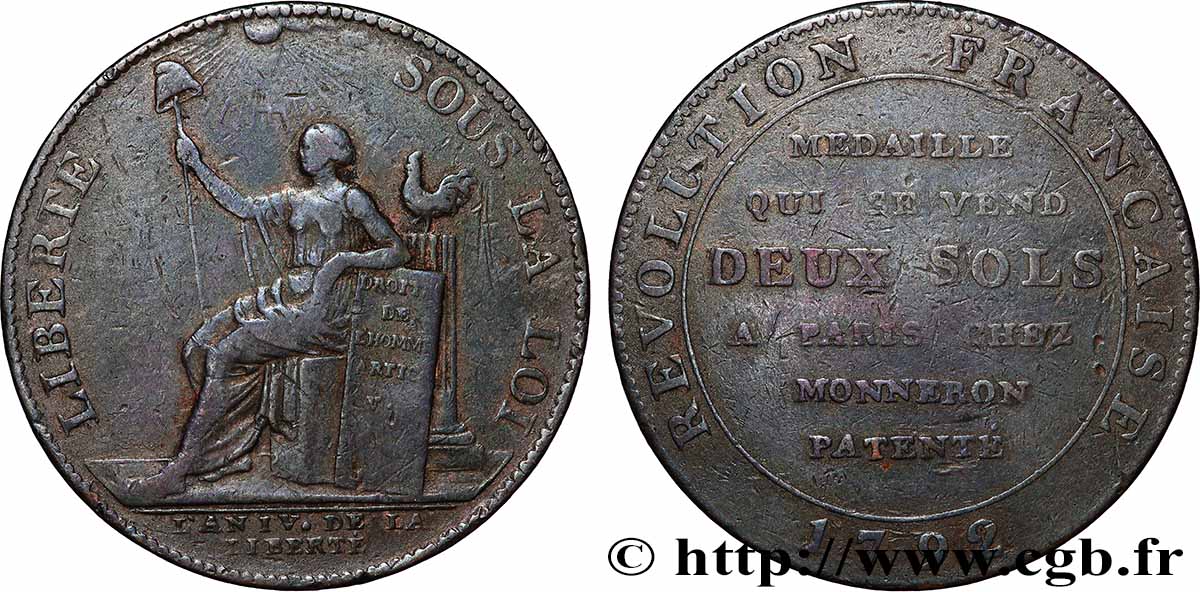 REVOLUTION COINAGE Monneron de 2 sols à la Liberté 1792 Birmingham, Soho fSS