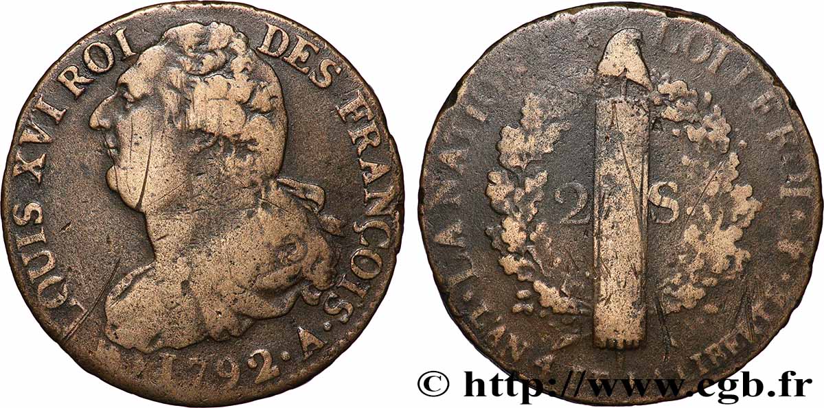 LOUIS XVI 2 sols dit au faisceau , type FRANÇOIS 1792 Paris q.BB/MB