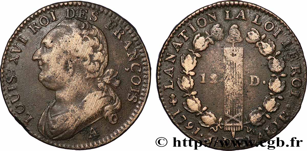 LOUIS XVI 12 deniers dit au faisceau , type FRANÇOIS 1791 Paris VF/XF