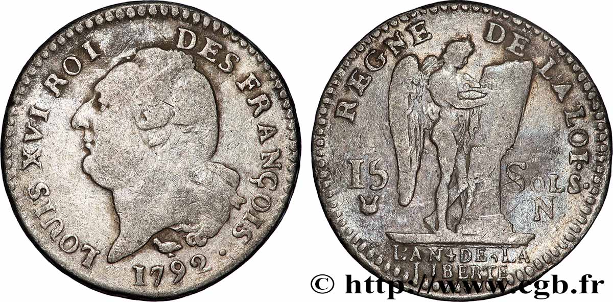 LOUIS XVI 15 sols dit au génie , type FRANCOIS 1792 Montpellier VF/VF