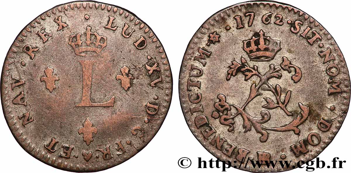 LOUIS XV THE WELL-BELOVED Double sol de billon 1762 Strasbourg SS