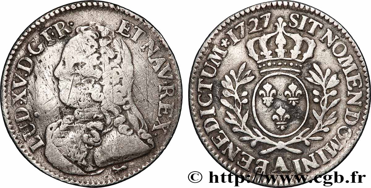 LOUIS XV THE WELL-BELOVED Cinquième d écu aux branches d olivier, buste habillé 1727 Paris fSS