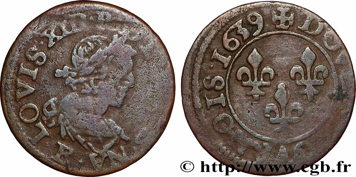 LOUIS XIII LE JUSTE Double tournois, 19e type 1639 Tours TB