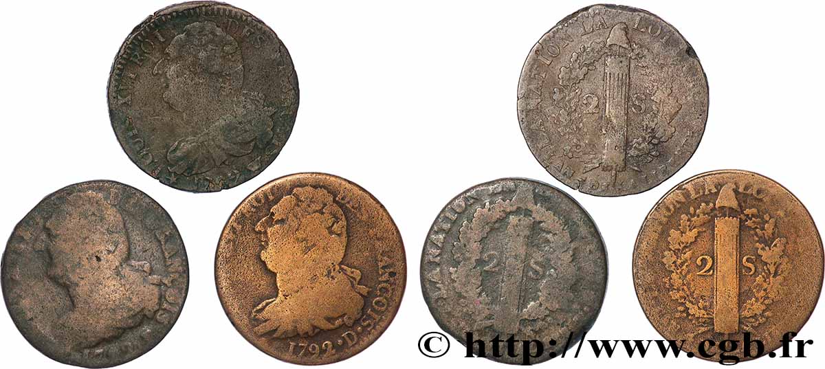 LOUIS XVI 2 sols dit au faisceau , types divers, lot de 3 ex. n.d. Ateliers divers lot