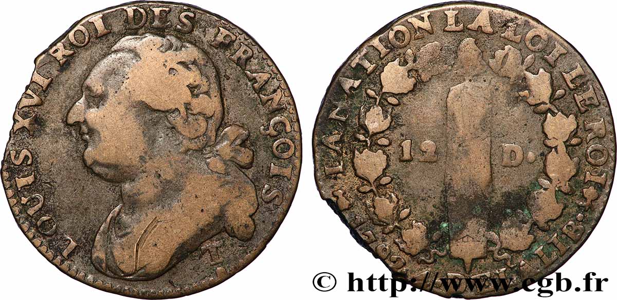 LOUIS XVI 12 deniers dit au faisceau , type FRANÇOIS 1792 Saumur VF