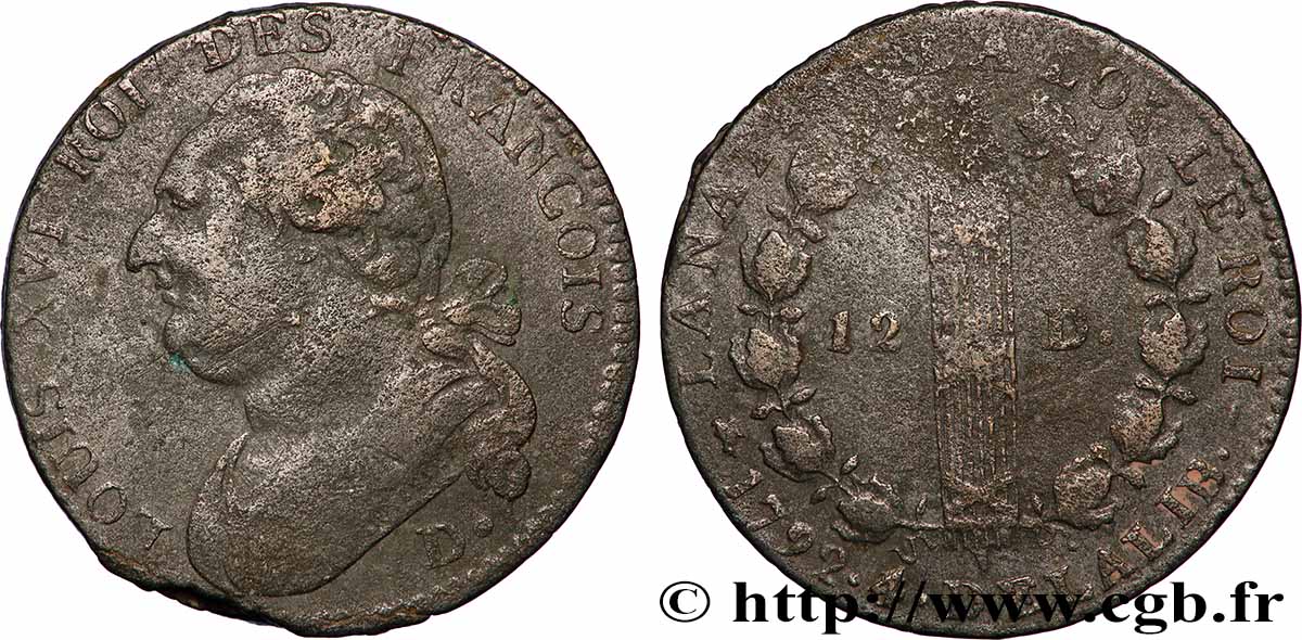 LOUIS XVI 12 deniers dit au faisceau , type FRANCOIS 1792 Dijon VF